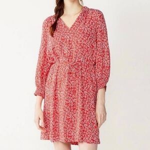 Draper James Rsvp Vneck Smocked Sleeve Tie Dress Size Large Red White Leaf Print